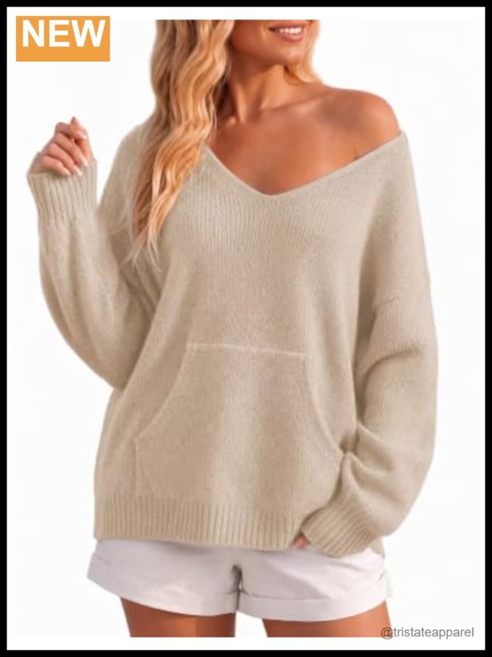 Off Shoulder Oversized Knit Pullover Sweater V-Neck Women's Slouchy Long Sleeve